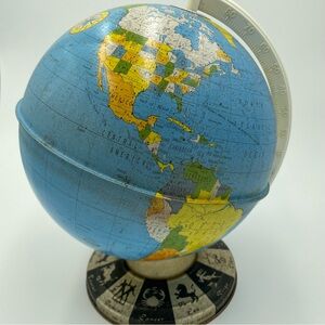 Vintage J. Chein Tin Litho Globe | Mid-Century Zodiac Astrology Base Rare